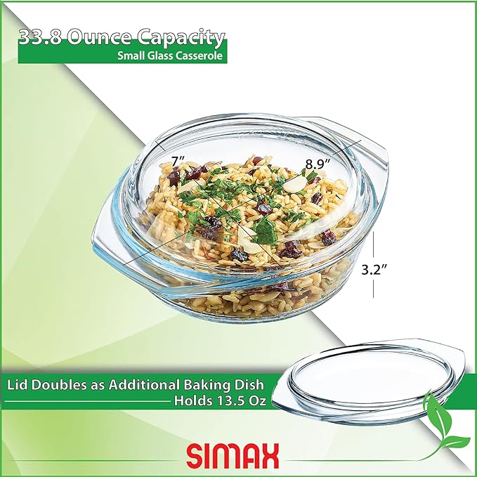SIMAX Casserole Dish with Lid, 1 Quart Round Glass Casserole, Baking Dish, Oven, Microwave, Dishwasher Safe, Yellow, Borosilicate Glass, 946.35 cm
