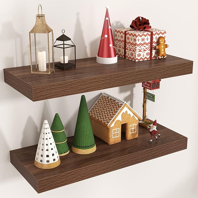 Floating Shelves for Wall, Engineered Wood Wall Shelves with Invisible Brackets for Living Room Bedroom Bathroom Office Kitchen Decor and Storage (Walnut, 24" W x 9" D x 1.5" H) Set of 2