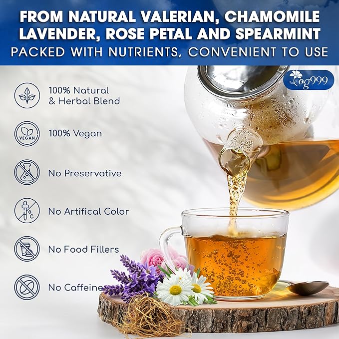 TOG999, Premium Valerian Dream Tea Bags | 60 Count | Herbal Blend with Valerian Root, Chamomile, Lavender, Rose Petal & Spearmint | Naturally Caffeine-Free, Relaxing Evening Tea. Vegan.