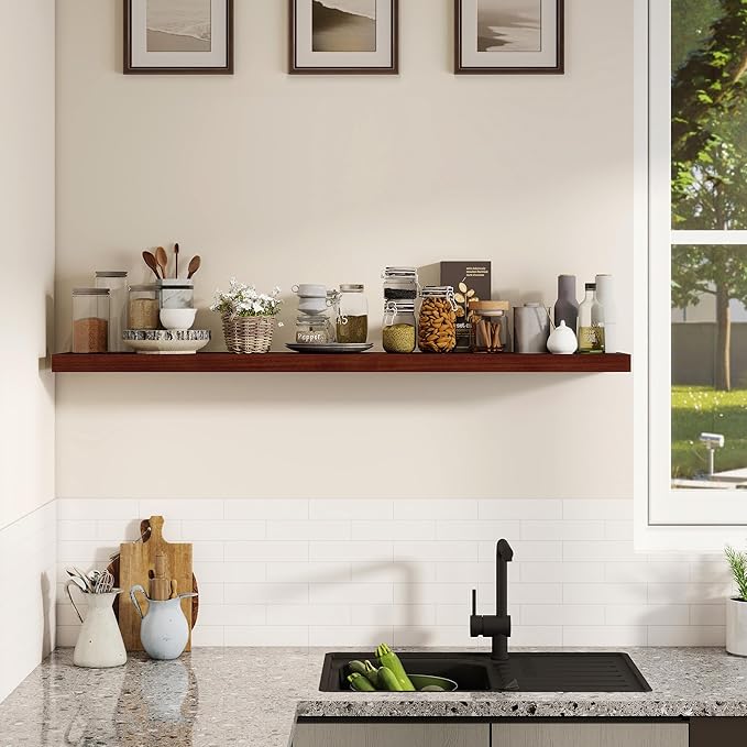 Fun Memories Rustic Real Wood Floating Shelves, 8 Inch Deep Floating Shelf Wall Mounted, 48" W x 8" D Wall Shelves Storage Shelves for Living Room, Bedroom, Bathroom, Red Brown, Set of 1