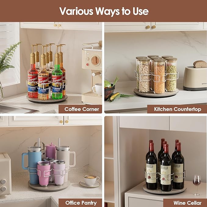 Rotating Coffee Syrup Organizer, 7 Bottles Coffee Syrup Rack for Countertop Syrup Bottle Holder Stand for Coffee Bar Station, Carbon Steel Frame with Wooden Base Coffee Bar Accessory, White