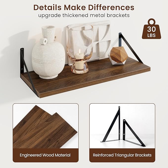 Axeman Deep Floating Shelves for Wall - 24 Inch Wide x 10 Inch Deep Floating Shelves Set of 2 -Walnut Wide Wall Shelves for Living Room Bathroom Bedroom
