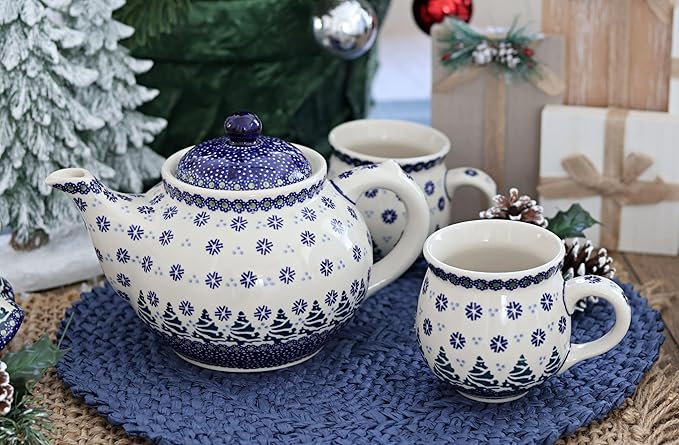 Blue Rose Polish Pottery - Blue Festive Fir Teapot - 5 Cup Capacity - Ceramic Holiday Teapot, Festive Christmas Tree Design for Serving Tea, Coffee or Hot Cocoa