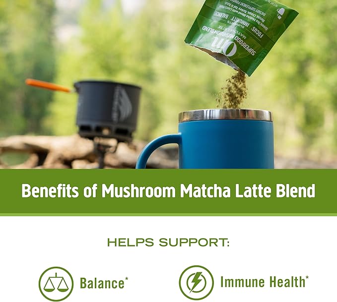 OM MUSHROOM SUPERFOOD Matcha Latte Blend – Green Tea Mushroom Powder with Lion’s Mane, Reishi, Chaga & Turkey Tail – Focus, Calm & Stress Support – Single Serve Packets (10 Count)