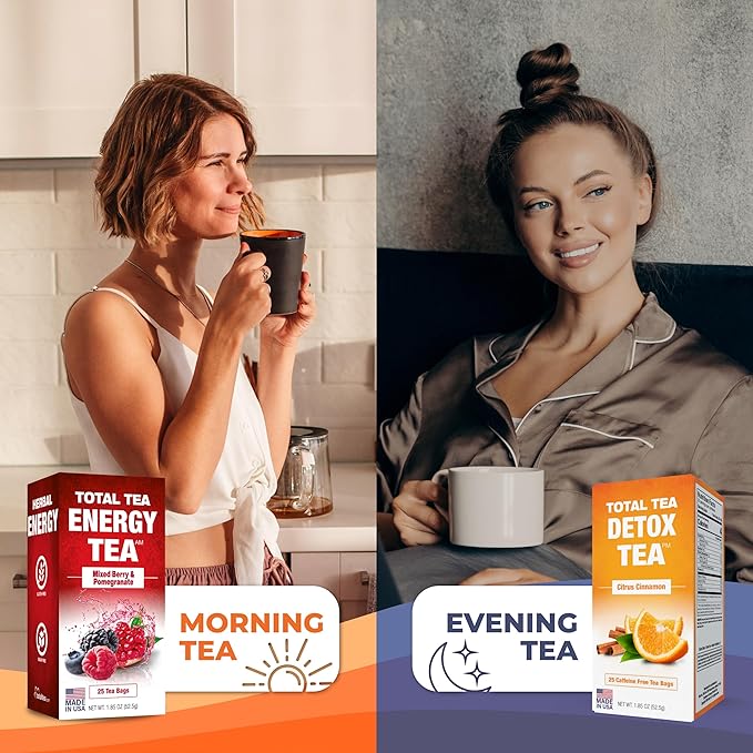 Total Tea Detox Tea & Energy Set - 25 Day Detox - Herbal SIim Tea with Chamomile - Hibiscus Tea and Ginger Root for Colon Cleanse – Natural Citrus & Cinnamon Fruit Tea for Digestive Health