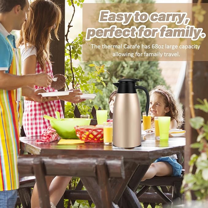 68OZ Thermal Coffee Carafes for Keeping Hot, 2 Liter Stainless Steel Thermal Carafe, Double Wall Vacuum Insulated Pitcher Tea Pot for Coffee Tea Keep Hot 12 Hours, Gold