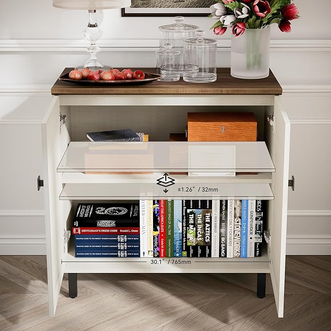 Multifunctional Buffet Sideboard Cabinet Farmhouse Modern Storage Cabinet with Adjustable Shelves for Kitchen, Coffee Bar, Living Room, White