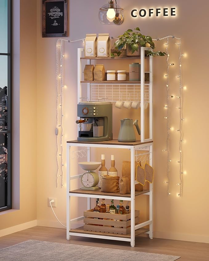VASAGLE Bakers Rack with Power Outlet, Microwave Stand, Kitchen Tall Utility Storage Shelf, with Metal Wire Panel, 14 Hooks, 15.7 x 23.6 x 66.9 Inches, Rustic Walnut and Cloud White UKKS037W41
