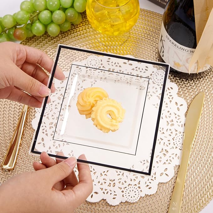 bUCLA 100PCS Black Square Plastic Plates Disposable - 6 inch Clear and Black Dessert/Cake Plates - Premium Hard Square Small Appetizer for Party, Halloween & New Year
