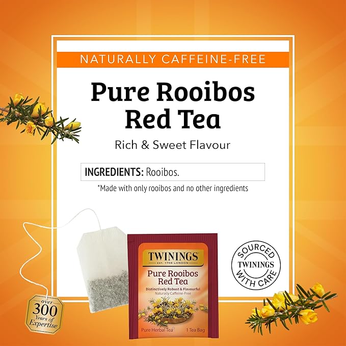 Twinings Pure Rooibos Red Herbal Tea Individually Wrapped Bags, 20 Count (Pack of 6), Sweet with Uplifting Aroma, Naturally Caffeine-Free, Enjoy Hot or Iced, 120 Teabags