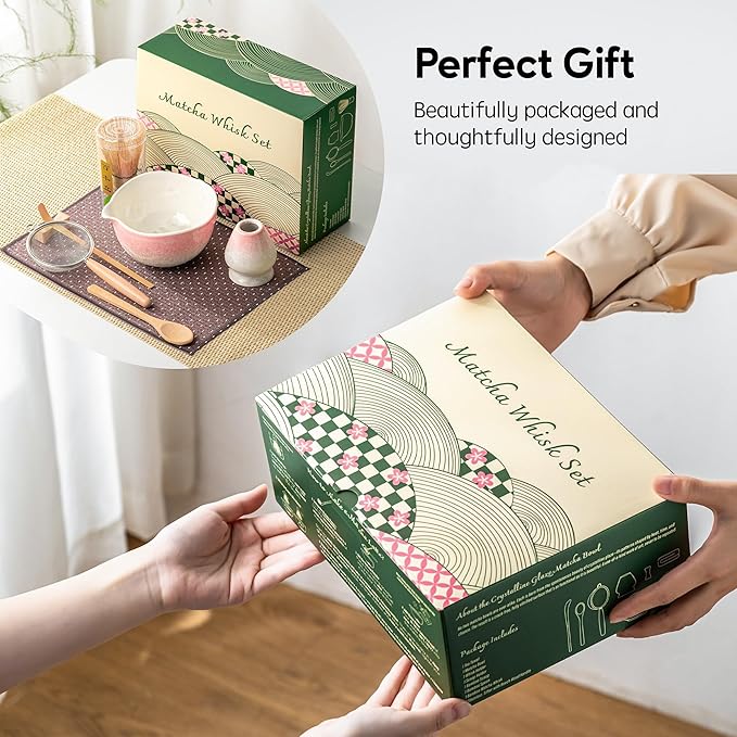 Matcha Whisk Set, Handcrafted Crystalline Glaze Matcha Set, 8 Pcs Matcha Kit Includes Matcha Bowl, Whisk with Holder, Bamboo Scoop & Spoon, Sifter and Tea Towel, Ceremonial Matcha Tea Set