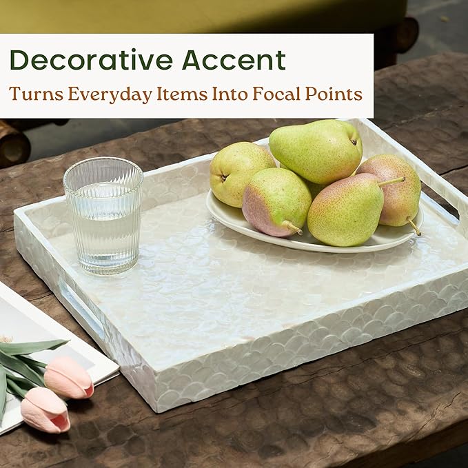 Rectangular Tray, Handmade Capiz Mother of Pearl Decorative Tray with Handles for Coffee Tables, Ottoman, Bathroom, Vanity or Kitchen, Coastal Boho Home Decor, White, 15.8” x 11.8” x 1.8"