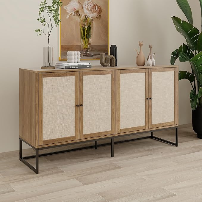 Modern Sideboard, Accent Storage Cabinet with Rattan Doors and Adjustable Shelves, Freestanding Sideboard Storage Cabinet for Kitchen Dining Living Room Hallway Office (Walnut)