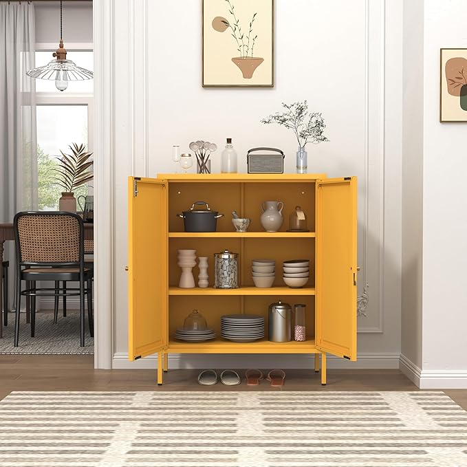 Metal Storage Locker with Djustable Shelves 36" H Lockable Modern Lockers Home Organization Cabinet 2-Door Durable Metal Cabinet for Bedroom Entrance Yellow Size：36" H X 31.5" W X 13.8" D