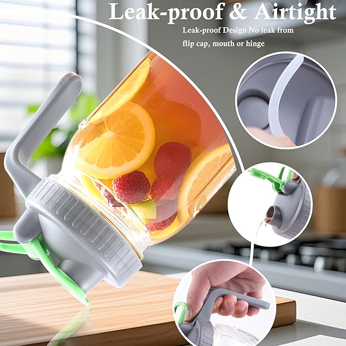 Mason Jar Pitcher With Pour Lid 32 Oz Glass Breast milk Storage Jug 1 Quart Wide Mouth Glass Tea Pitcher With Handle Creamer Container For Fridge Juice, Cold Brew Coffee,Lemonade,Beverage 2 Set