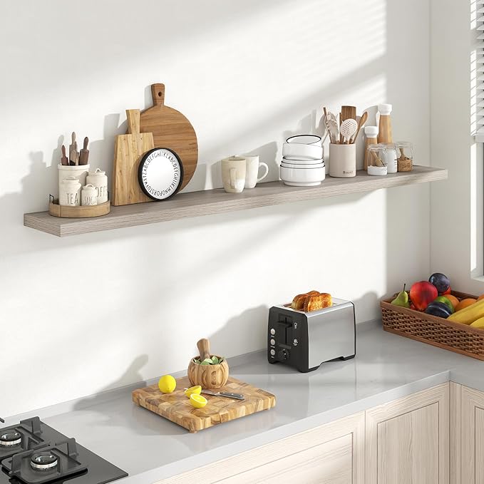 72 Inch Floating Shelves, 8 Inch Deep Floating Shelves for Wall, Hanging Shelf with Invisible Brackets, Deep Shelves for Bathroom, Bedroom, Living Room, Grey, Set of 1