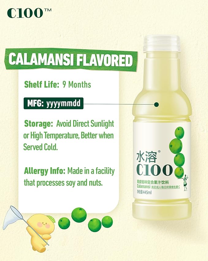C100 Calamansi Flavored Composite Juice Drink，100mg Vitamin C Per Bottle, 12% Real Fruit Juice, -15 fl oz, 445mL, 15 Pack