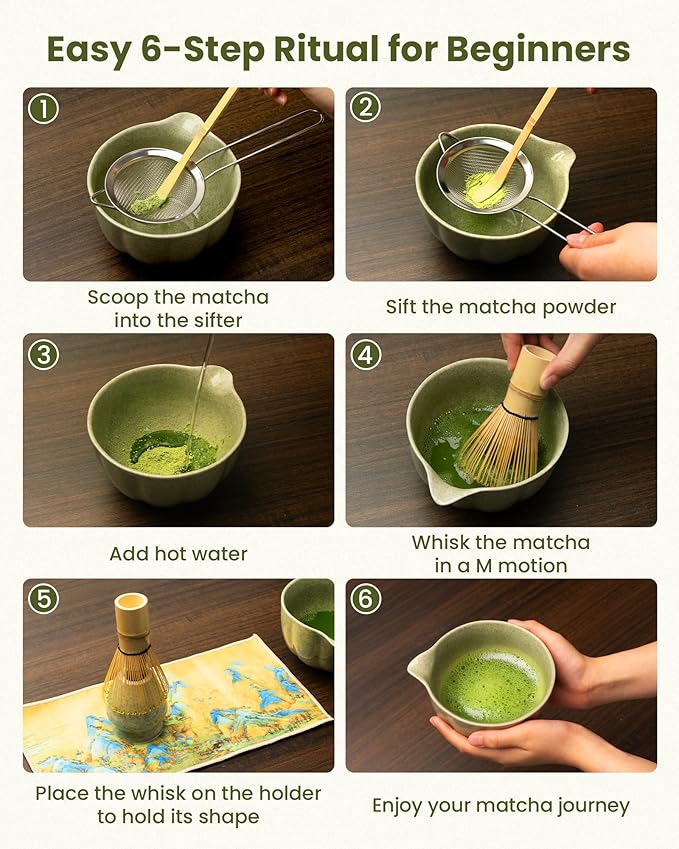Handcrafted Matcha Kit, 7-Piece Green Tea Set, Includes Ceramic Bowl, Bamboo Whisk, Stainless Steel Sifter, Bamboo Scoop, Whisk Holder & Cotton Towel, Perfect for Tea Ceremony, Green Small Flower