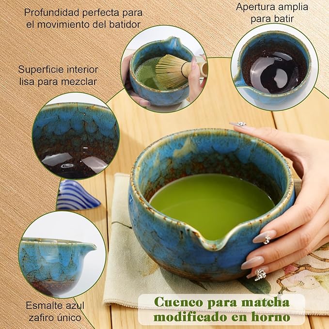 HEYMKGO Matcha Whisk Set 8 Pcs, Sapphire Blue Matcha Bowl with Spout, Bamboo Whisk & Holder, Scoop, Scoop Rest, Sifter, Bamboo Spoon & Tea Towel - Traditional Japanese Matcha Tea Ceremony Kit