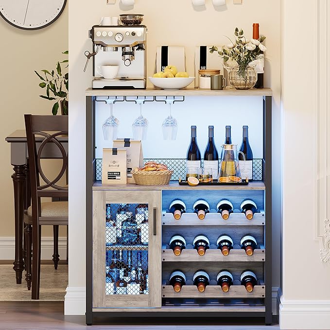 Vintage 3-Tier Wine Bar Cabinet with Adjustable Shelves, Glass Holders, Mesh Door, Small Buffet Sideboard Liquor & Coffee Bar Cabinet for Kitchen, Dining Room, Living Room