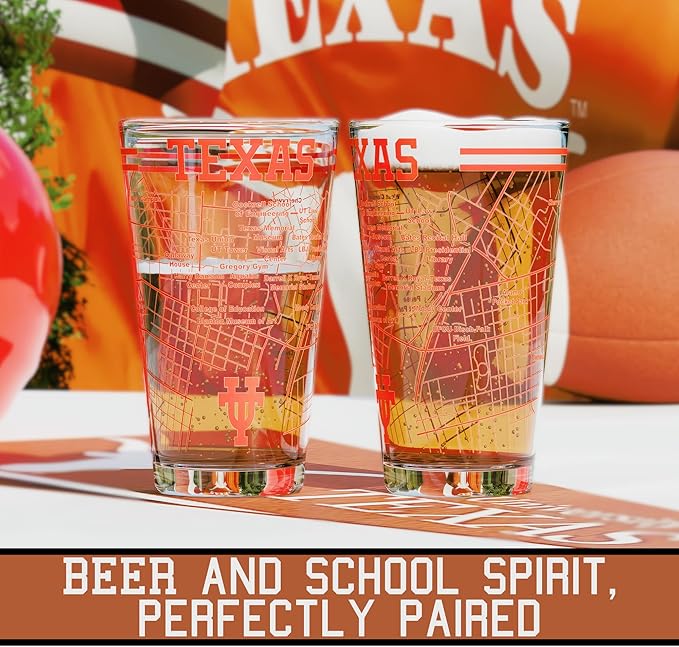 Greenline Goods – University of Texas Longhorns College Pint Beer Glasses (Set of 2), 16 oz – Full-Color Logo + Campus Map