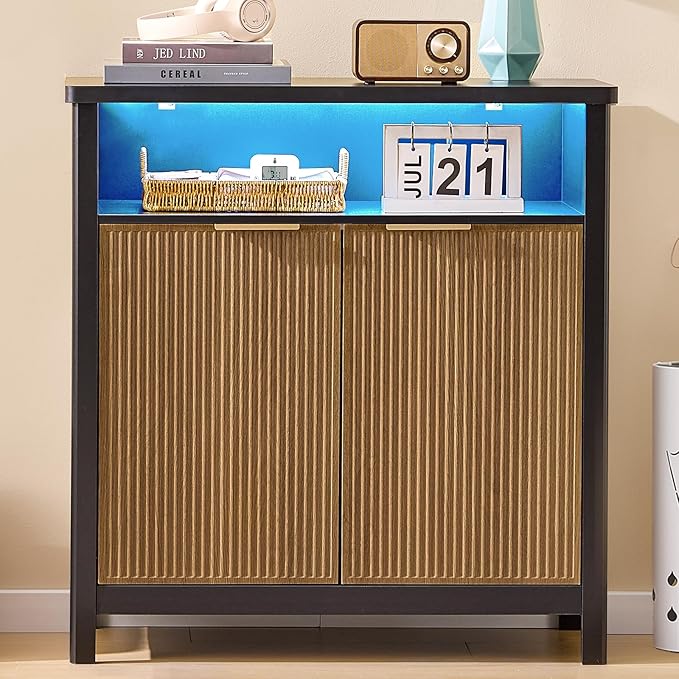 AOGLLATI Sideboard Buffet Storage Cabinet,Buffet Table with Storage & Led Lights, Coffee Bar Cabinet for Kitchen Entryway Living Room, Wood & Black
