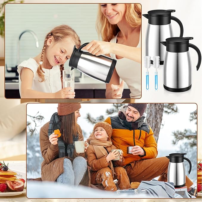 Uiifan 2 Pcs 25 Oz Thermal Coffee Carafe Stainless Steel Insulated Vacuum Coffee Carafes Double Walled Vacuum Thermal Pot Flask with Brushes for Keeping Cold Hot Tea Water Milk Home Office (Silver)