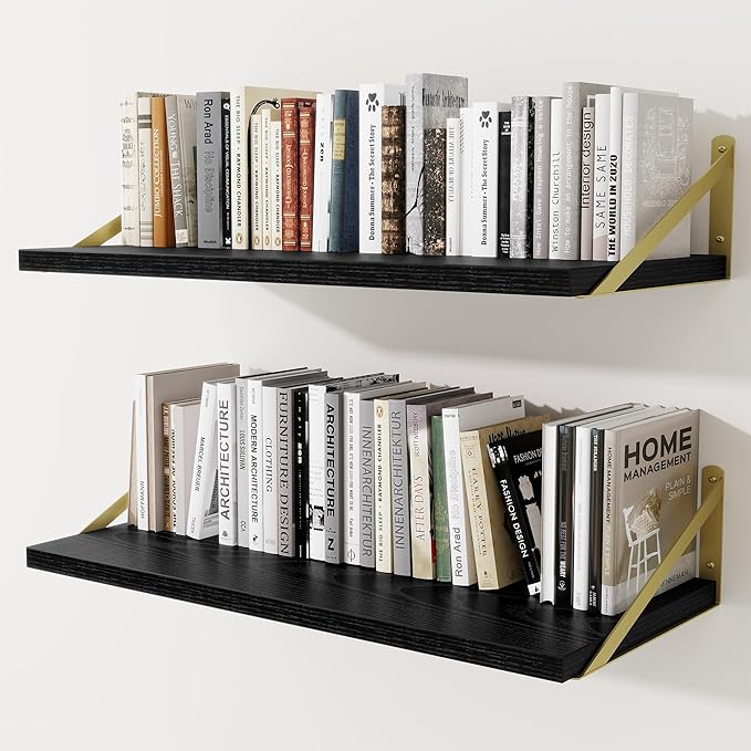 Deep Wall Shelves 30"W x 12"D Engineered Wood Floating Shelves for Wall, Sturdy Metal Bracket(Gold) Bookshelves Home Decor Storage for Living Room Bedroom Bathroom Kitchen, Set of 2, Black Finish