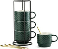 LYEOBOH Coffee Mug Set Porcelain Stackable Coffee Mugs with Stand and Spoons, 13 OZ. Cappuccino Cup Demitasse Cups for Drinks, Espresso, Latte,Set of 4, Dark Green