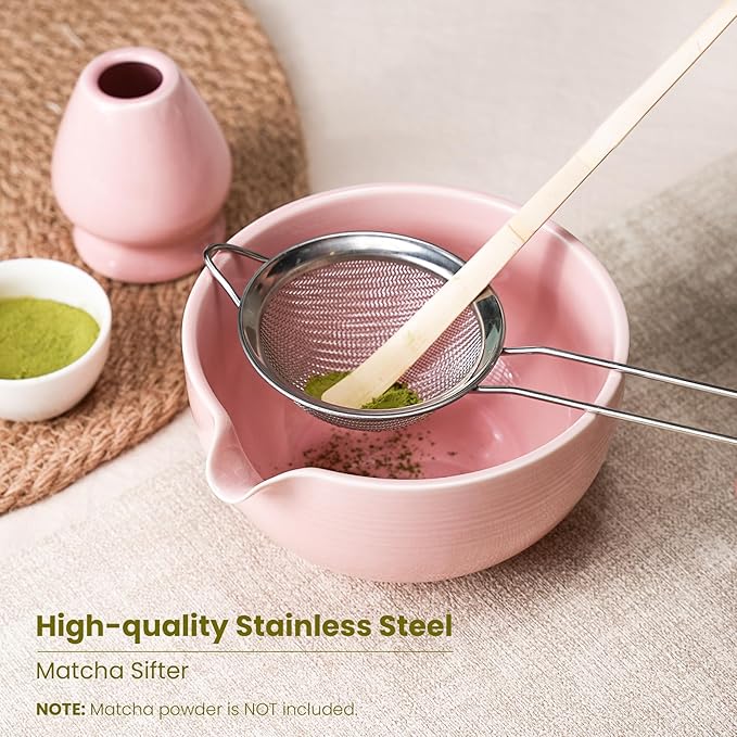 Matcha Whisk Set, Handcrafted Bamboo Chasen & Ceramic Bowl Matcha Kit,Complete 5 Pcs Pink Matcha Set Whisk and Bowl W/Stainless Steel Sifter,Bamboo Scoop & Holder for Matcha Tea Ceremony(Sakura Pink)