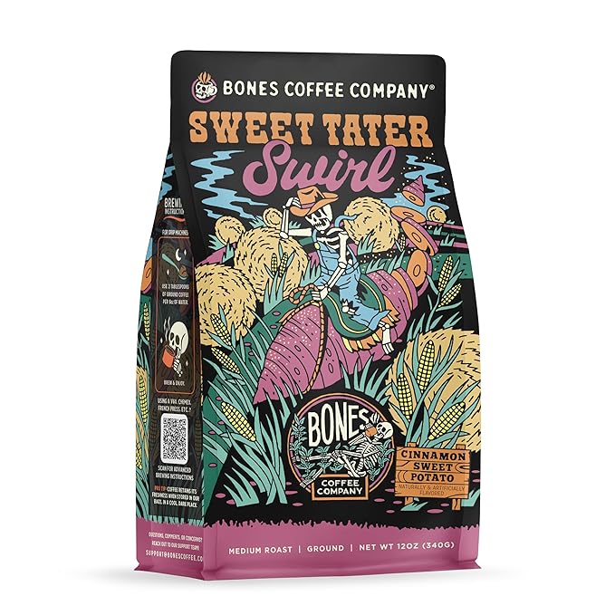 Bones Coffee Company Sweet Tater Swirl, Cinnamon Sweet Potato Flavored Coffee, Medium Roast Low Acid Arabica Beans Compatible with Auto drip and French Press Coffee Maker, 12 Oz Ground