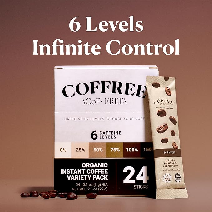 COFFREE Organic Instant Coffee Packets - 150% Extra Strong Dark Roast with Bold, Full-Bodied Taste - Low Acid, Mold Free Coffee Made with Arabica Coffee Beans - Hot or Cold Travel Packets 24 Pack Box