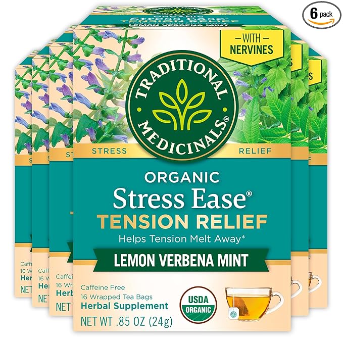 Traditional Medicinals Organic Stress Ease Tension Relief Tea, Lemon Verbena Mint, 96 Count (Pack of 6)