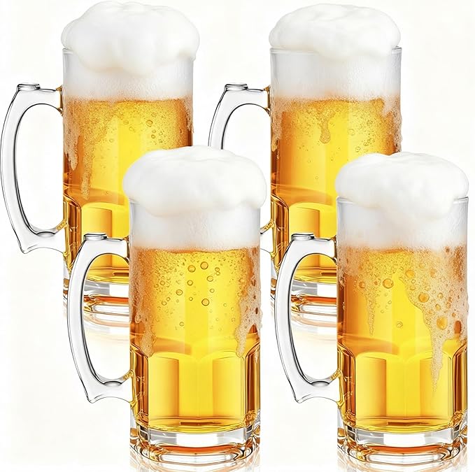 Set of 4 34 oz Extra Large Beer Mugs with Handles Glass German Clear Tall Heavy Beer Cups Steins Mugs Pint Weizen Glasses for Freezer Coffee Drinking Tea Water Cocktail Alcohol Beverages Pub