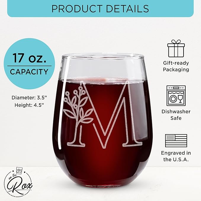 On The Rox Drinks Monogrammed Gifts For Women and Men - Letter A-Z Initial Engraved Monogram Stemless Wine Glass - 17 Oz Personalized Wine Gifts For Women and Men (M)