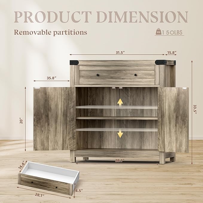 YESHOMY Coffee Bar and Accent Cabinet, Farmhouse Barn Door Buffet Sideboard with Drawer and Adjustable Shelf, Wide Desktop for Kitchen, Dining Room, Bathroom, Entryway, Oak