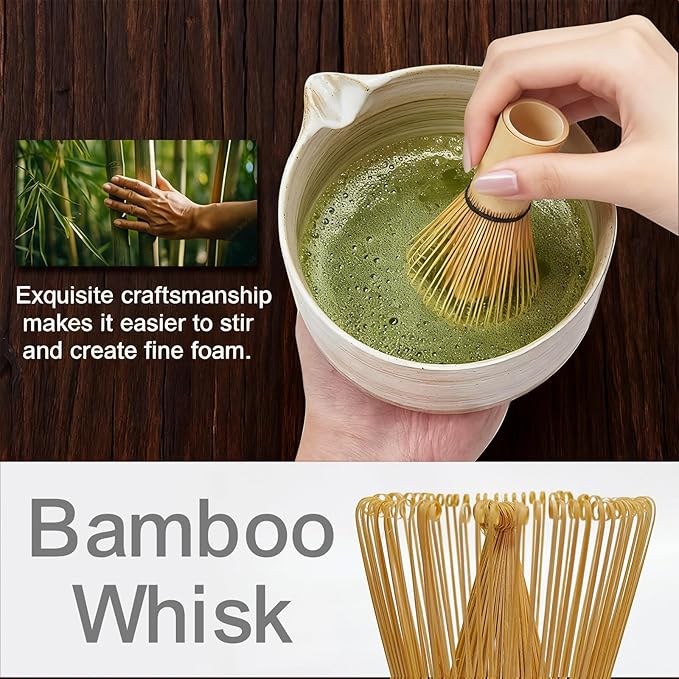 Matcha Whisk Set, 6 Piece Matcha Kit with Bamboo Whisk Ceramic Bowl with Spout Sifter Scoop Traditional Japanese Tea Accessories for Home or Gifts (set of 6)