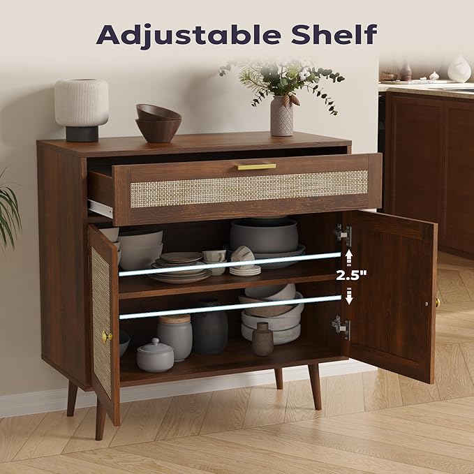 Rattan Sideboard Buffet, Boho Kitchen Cabinet with Drawer & 2 Doors, Modern Mid Century Accent Cabinet with Adjustable Shelf, Coffee Bar for Living Room, Entryway, Kitchen, Walnut
