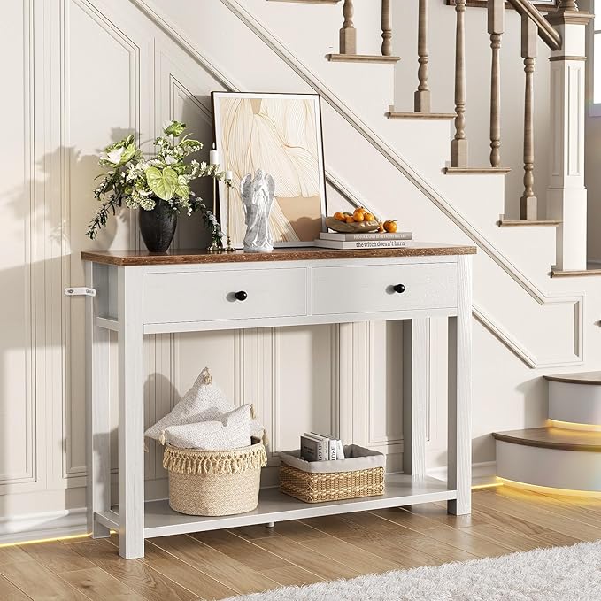 Homieasy Farmhouse Console Table with 2 Drawers, 32 Inch Small Sofa Table with Storage Shelf for Living Room, Behind Couch, Entryway Table for Hallway, Living Room, or Foyer, Brown and Antique White