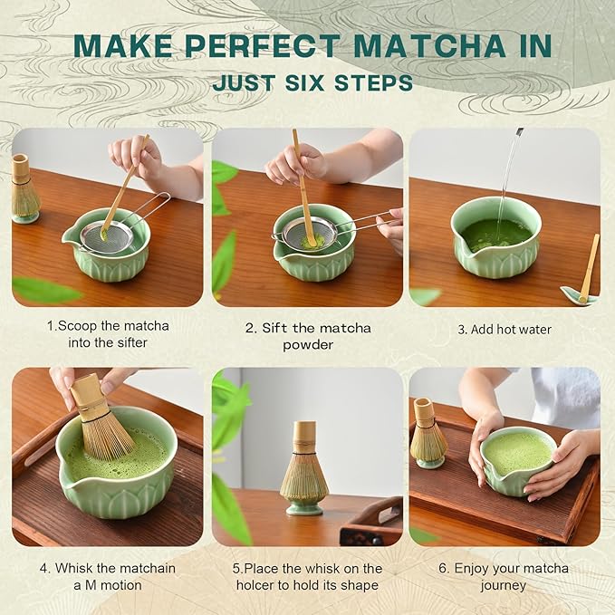 ZentButCool Matcha Set Includes Ceramic Matcha Bowl, Bamboo Whisk (Chasen), Scoop, Stainless Steel Matcha Sifter, And Whisk Holder (Red)