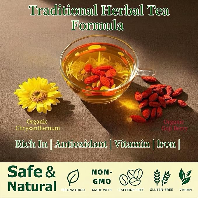 Eastrue Organic Goji Berry & Chrysanthemum Tea,50 Tea Bags, Traditional Herbal Tea for Stress Relief & Natural Cleanse,Better Sleep,Caffeine Free,Non-GMO
