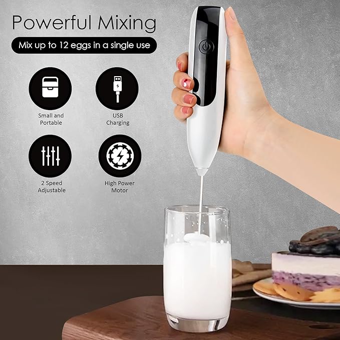 GOCHA | Electric Milk Frother Handheld - Rechargeable Coffee Frother with USB-C & 2 Speeds - Powerful RPM Latte Foam Maker for Cappuccino, Matcha, Hot Chocolate - Includes Stand & Whisk (White)