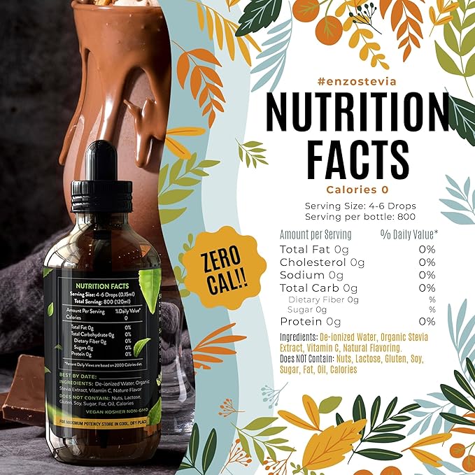 Enzo Liquid Stevia Drops Our Zero Calories Sweetener (4oz - 800 Servings/Bottle) - Chocolate - All Natural flavoring with No Artificial Additives & Filler Ingredient