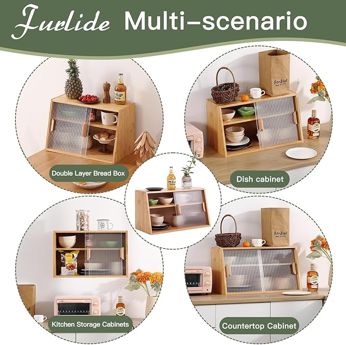 Wooden Kitchen Sideboard, Small Bamboo Countertop Organizer, Tabletop Cabinet with 2 Glass Sliding Door, Counter Cabinet for Kitchen, Living Room, Dinning Area and Bathroom, Wood
