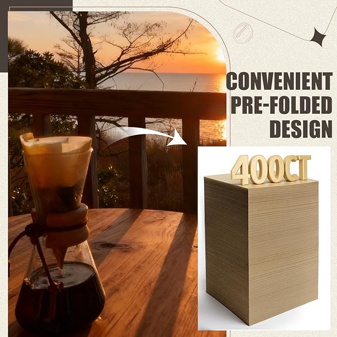 400 Count Pre-folded Coffee Filter Bulk Fit 5-13 Cups Unbleached Natural Cone Square Pour over Disposable Filter Paper for Taste Compatible with Pour over Coffee Maker Dripper