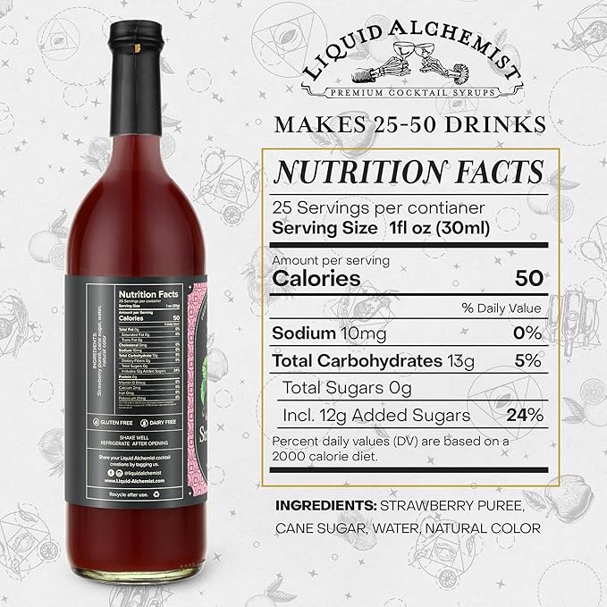 Liquid Alchemist Strawberry Syrup for Drinks - Real Ingredients Make our Strawberry Puree for Drinks a Perfect Margarita Mix - Our Flavored Syrup is Gluten & Dairy Free (25.4 oz)