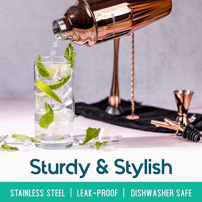 Modern Mixology 8-Piece Cocktail Shaker Set, 24oz Stainless Steel Bartender Kit with Velvet Giftable Bag, Curated Travel Cocktail Kit for Hosting Essentials (Copper)