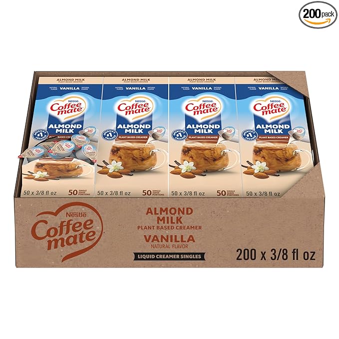 Nestle Coffee mate Coffee Creamer, Almond Milk, Liquid Creamer Singles, Plant-Based, Non Dairy, No Refrigeration, 0.375 fl oz Tubs (Pack of 200)