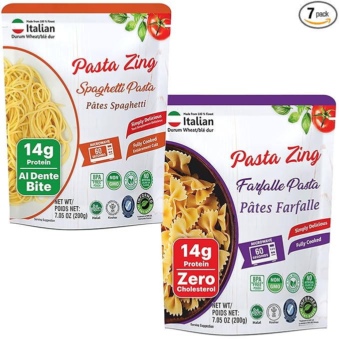 Pasta Zing Variety Pack Pasta – Ready to Eat Meals | 4x Spaghetti, 3x Farfalle | Vegan Microwave Pasta in 60 Sec | Ideal for Easy Dinner or Emergency Food | Made with Durum Wheat 7-Pack, 7.05 Oz Each