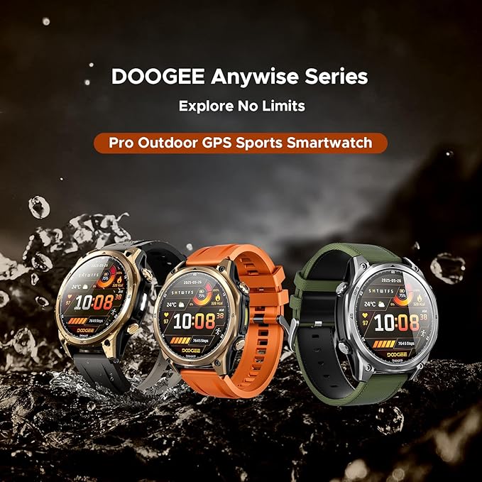DOOGEE Anywise W1 Smart Watch 5ATM Waterproof Dual-Band GPS Fitness Tracker, 1.43'' AMOLED Screen Men Watches for Android and iPhone, 170+ Sports Modes, Bluetooth Call/18 Days Battery/2 Straps